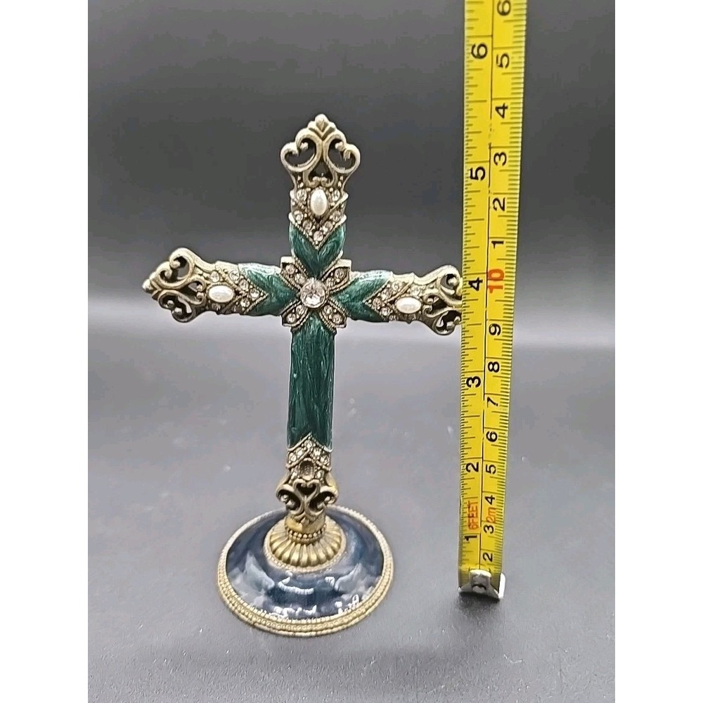 Vintage Brass Religious Green Enamel Rhinestone HEAVY Cross 5.5 inches - Picture 5 of 6